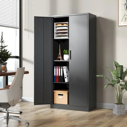 71H Metal Garage Storage Cabinet,Black Tool Steel Locking Cabinet with Doors and 3 Shelves,Tall Cabinets for Garage Storage